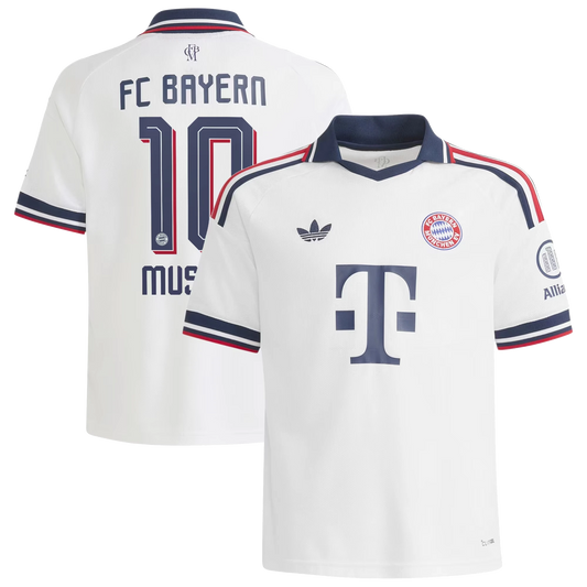 Front and back view of youth Bayern Munich 2026-2027 away white replica jersey featuring Jamal Musiala by Final Third Kit