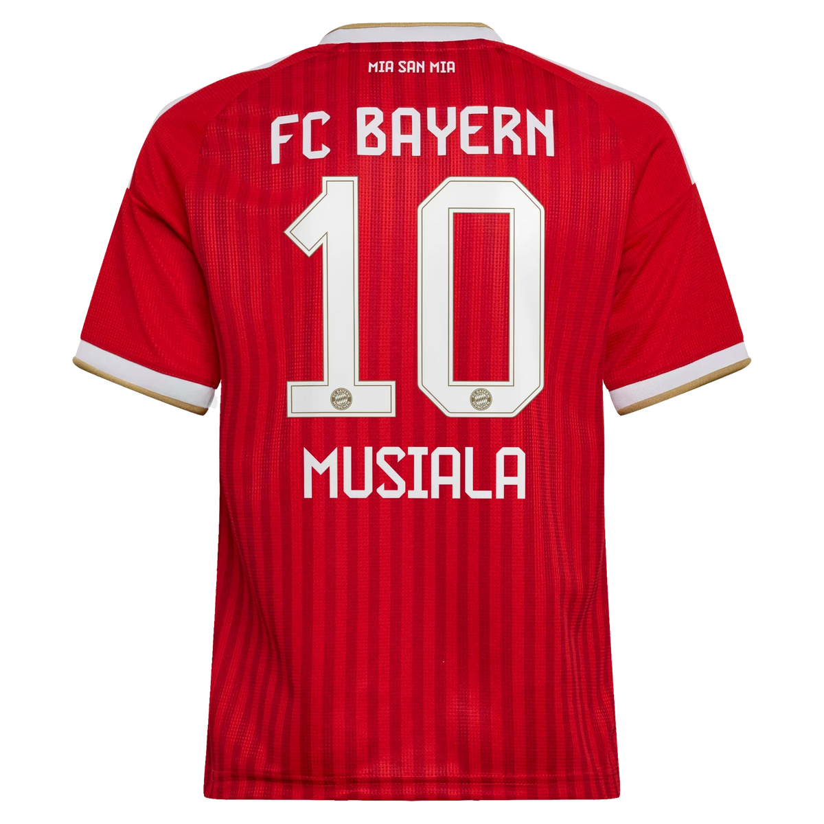 Back view of youth Bayern Munich 2026-2027 home red replica football shirt with Jamal Musiala name and number 10 printing by Final Third Kit