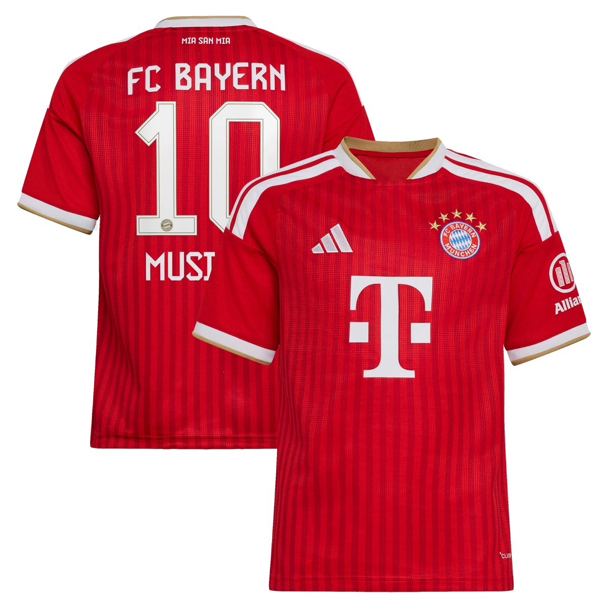Front and back view of youth Bayern Munich 2026-2027 home red replica jersey featuring Jamal Musiala by Final Third Kit