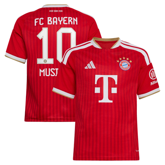 Front and back view of youth Bayern Munich 2026-2027 home red replica jersey featuring Jamal Musiala by Final Third Kit