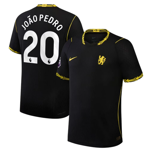 Front and back view of men's Chelsea 2026-2027 away black match authentic jersey featuring João Pedro by Final Third Kit