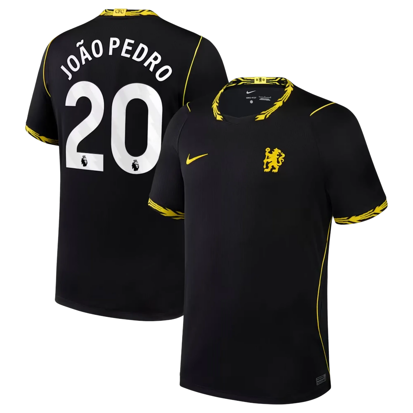 Front and back view of men's Chelsea 2026-2027 away black stadium replica jersey featuring João Pedro by Final Third Kit