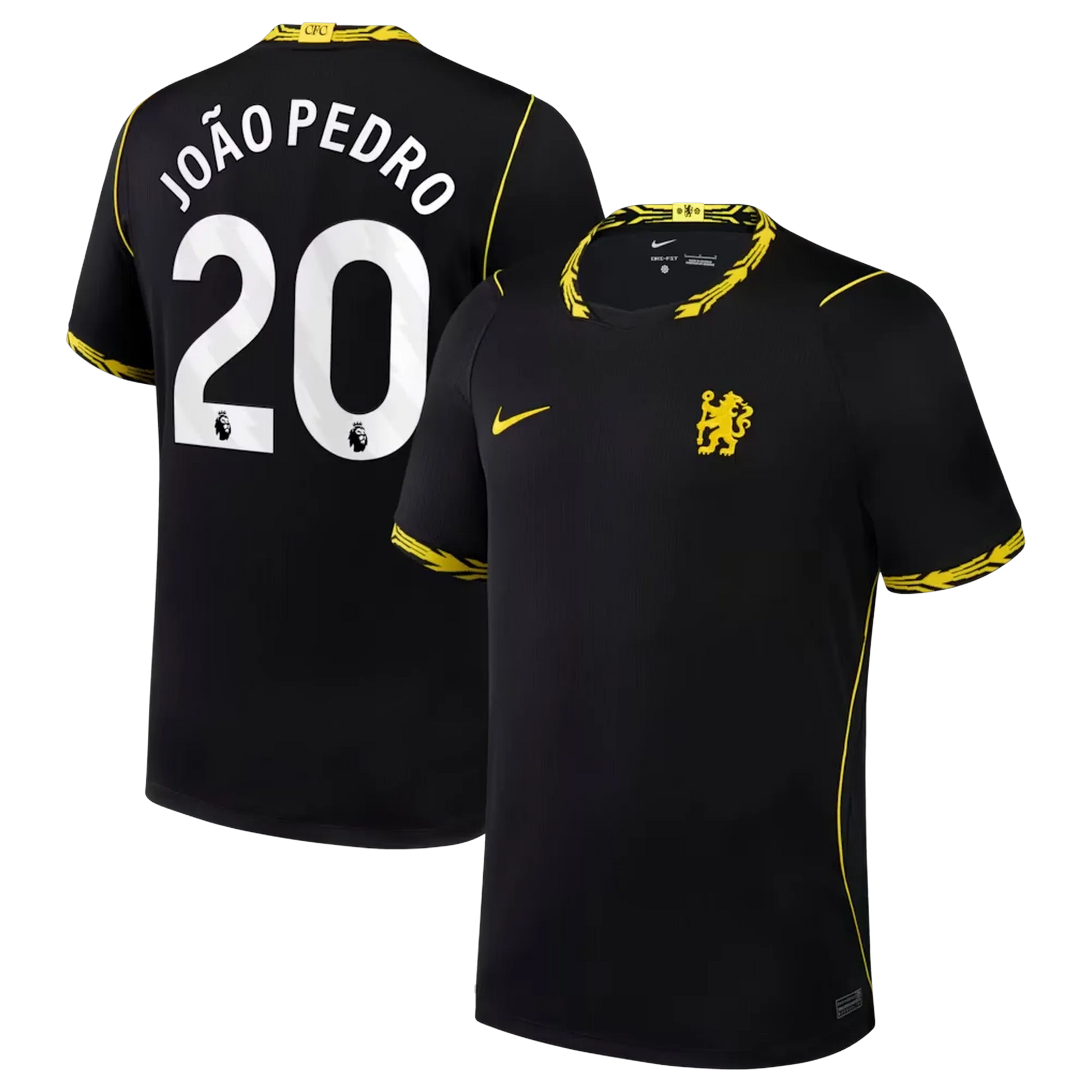 Front and back view of men's Chelsea 2026-2027 away black stadium replica jersey featuring João Pedro by Final Third Kit