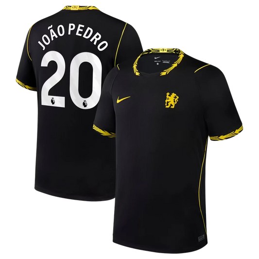Front and back view of men's Chelsea 2026-2027 away black stadium replica jersey featuring João Pedro by Final Third Kit