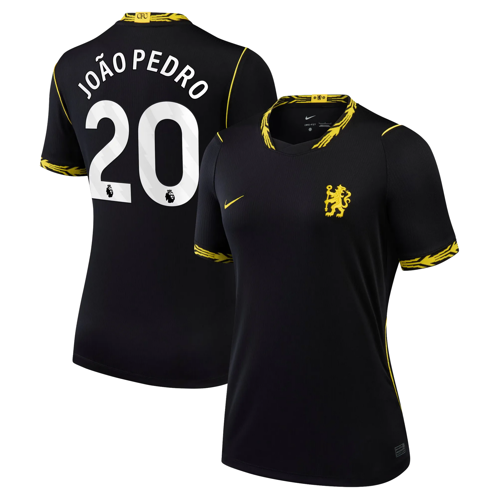Front and back view of women's Chelsea 2026-2027 away black stadium replica jersey featuring João Pedro by Final Third Kit