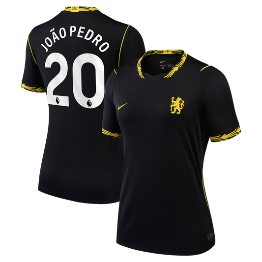 Front and back view of women's Chelsea 2026-2027 away black stadium replica jersey featuring João Pedro by Final Third Kit