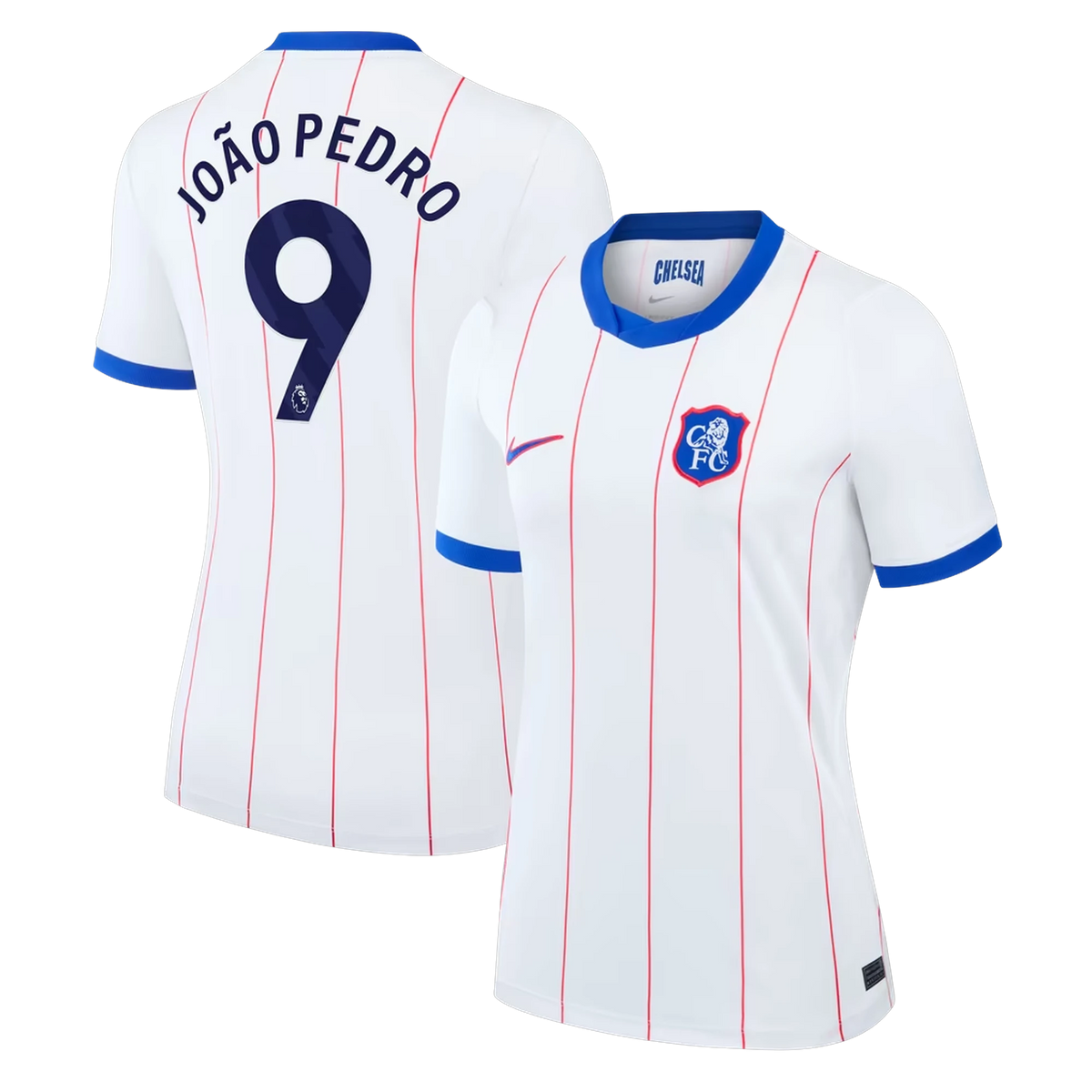 Front and back view of women's Chelsea 2026-2027 third white stadium replica jersey featuring João Pedro by Final Third Kit