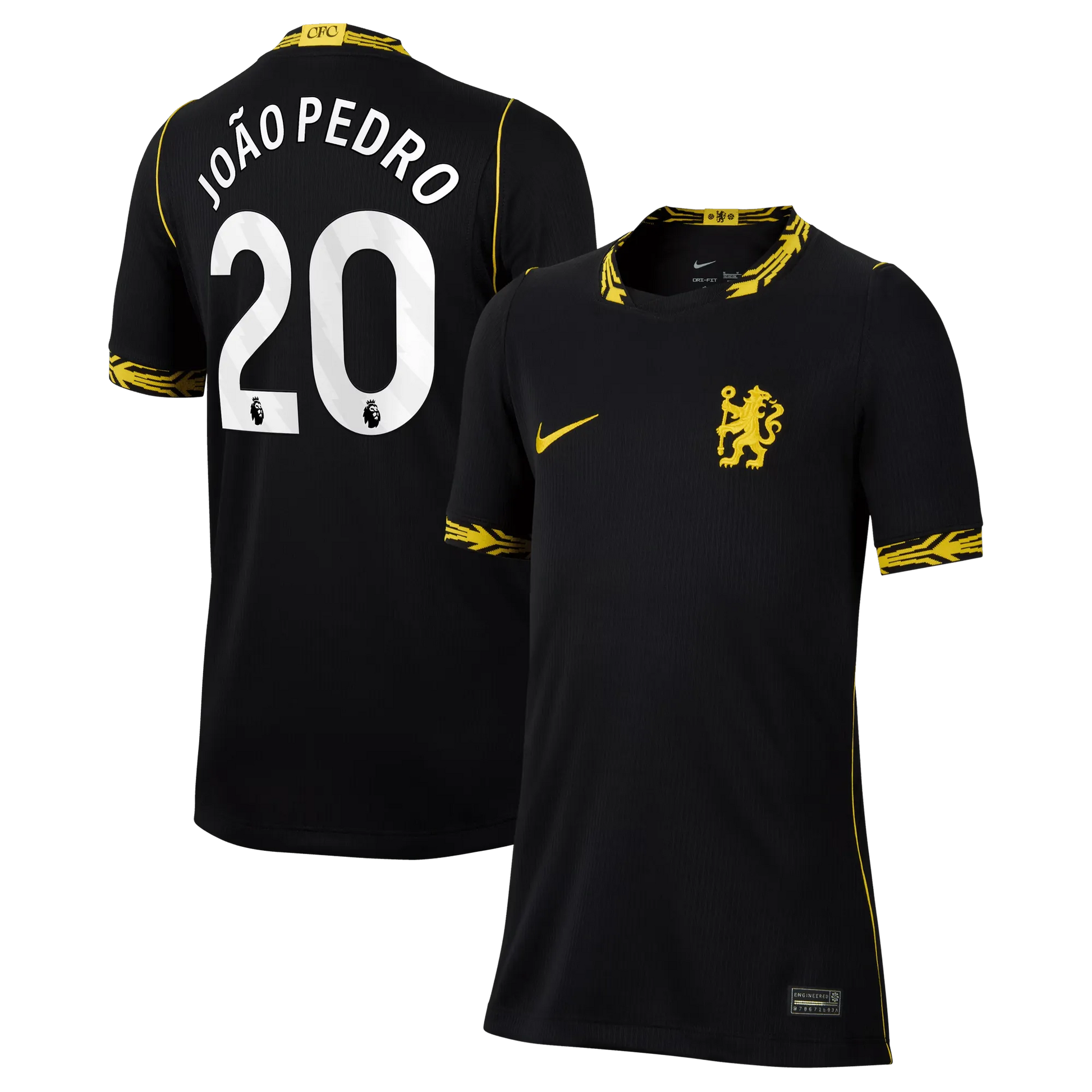 Front and back view of youth Chelsea 2026-2027 away black stadium replica jersey featuring João Pedro by Final Third Kit