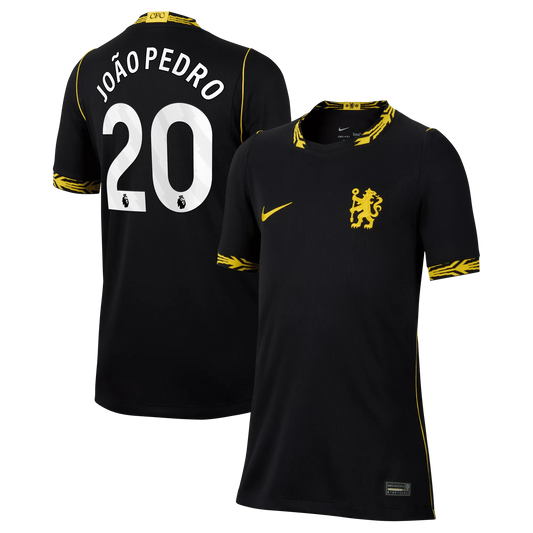 Front and back view of youth Chelsea 2026-2027 away black stadium replica jersey featuring João Pedro by Final Third Kit