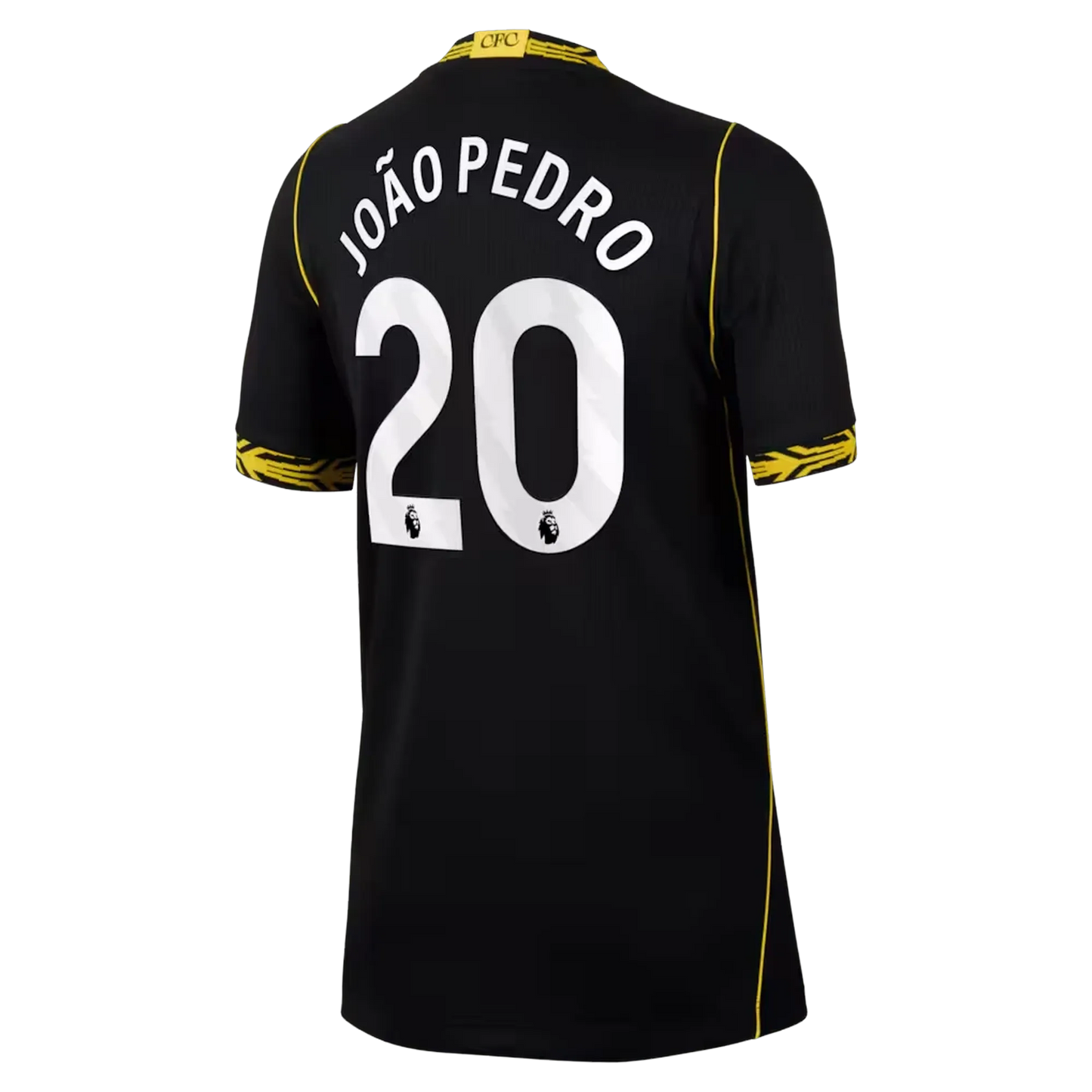 Back view of youth Chelsea 2026-2027 away black football shirt with João Pedro name and number printing by Final Third Kit