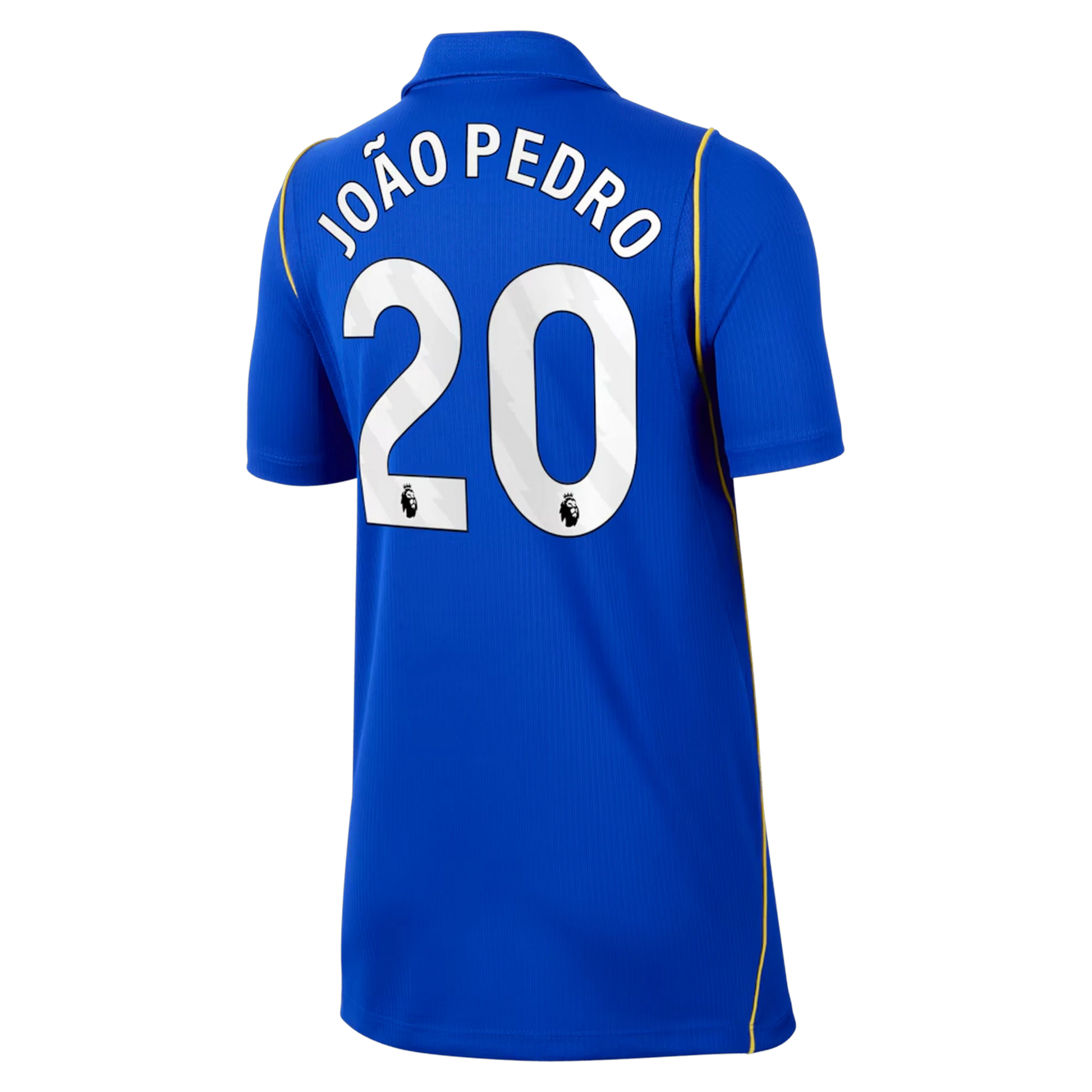 Back view of youth Chelsea 2026-2027 home blue football shirt with João Pedro name and number printing by Final Third Kit