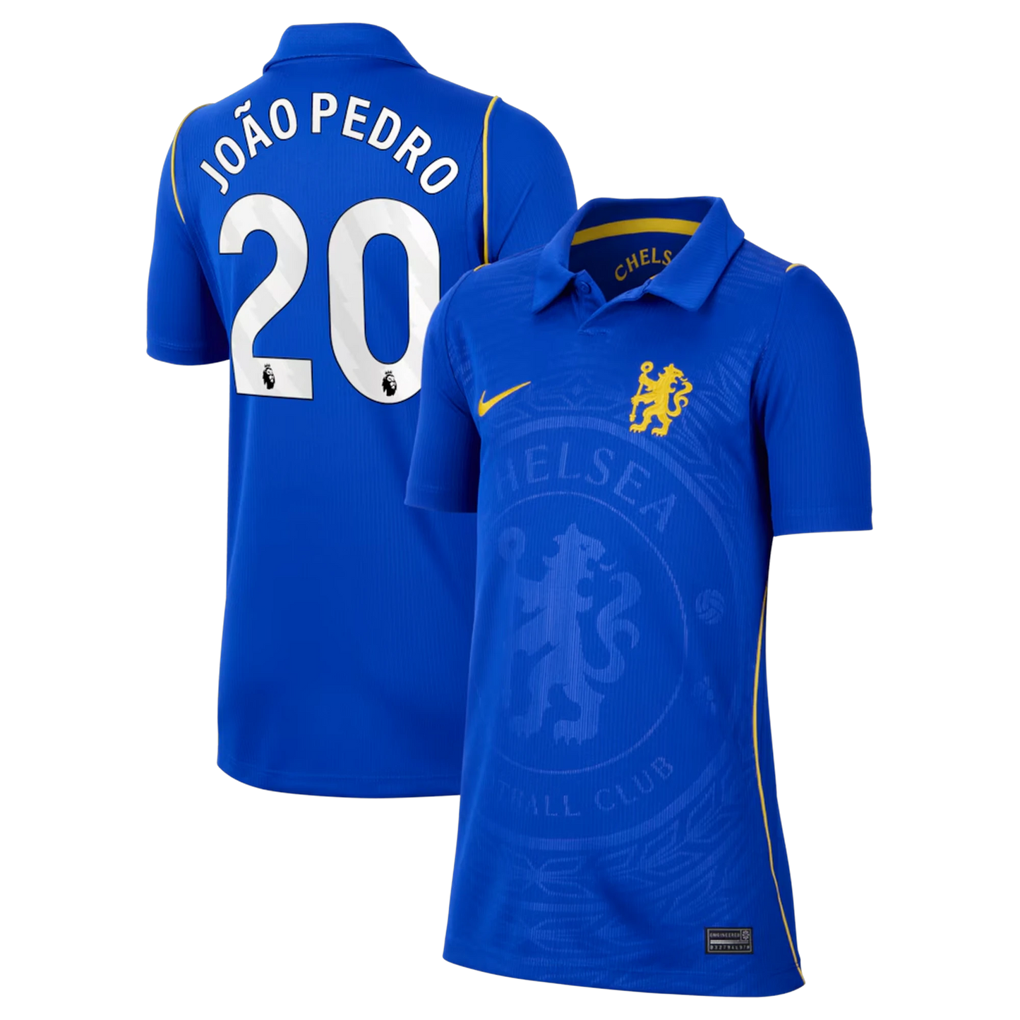 Front and back view of youth Chelsea 2026-2027 home blue stadium replica jersey featuring João Pedro by Final Third Kit