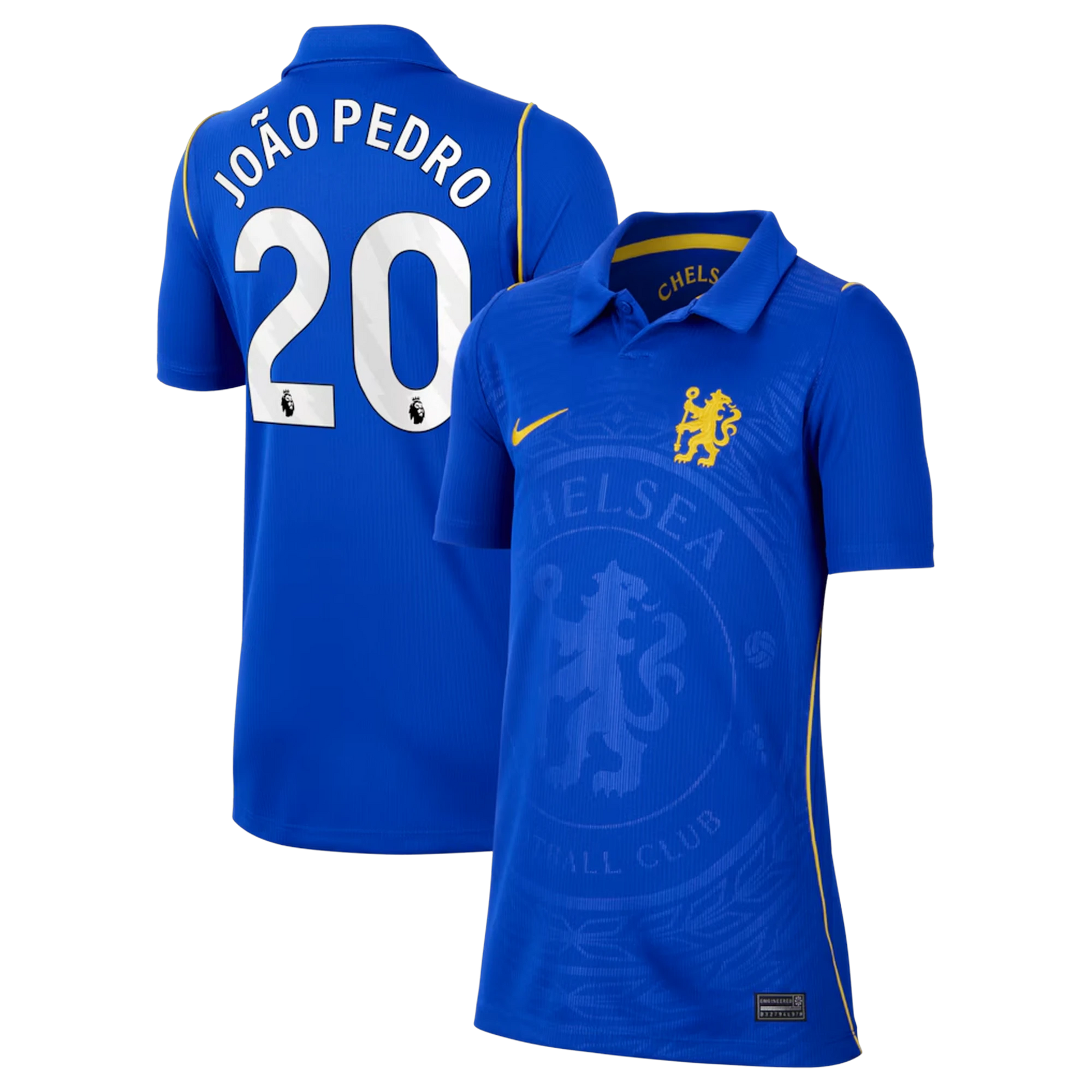 Front and back view of youth Chelsea 2026-2027 home blue stadium replica jersey featuring João Pedro by Final Third Kit