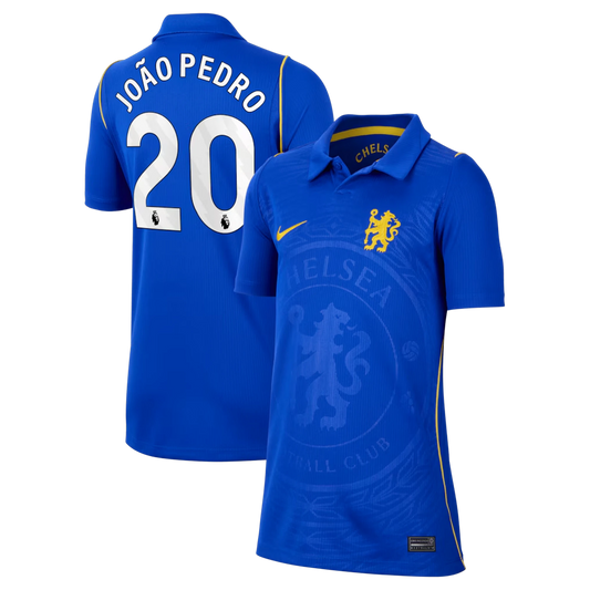 Front and back view of youth Chelsea 2026-2027 home blue stadium replica jersey featuring João Pedro by Final Third Kit