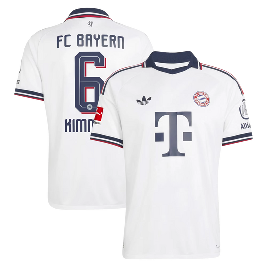 Front and back view of men's Bayern Munich 2026-2027 away white on-field authentic jersey featuring Joshua Kimmich by Final Third Kit