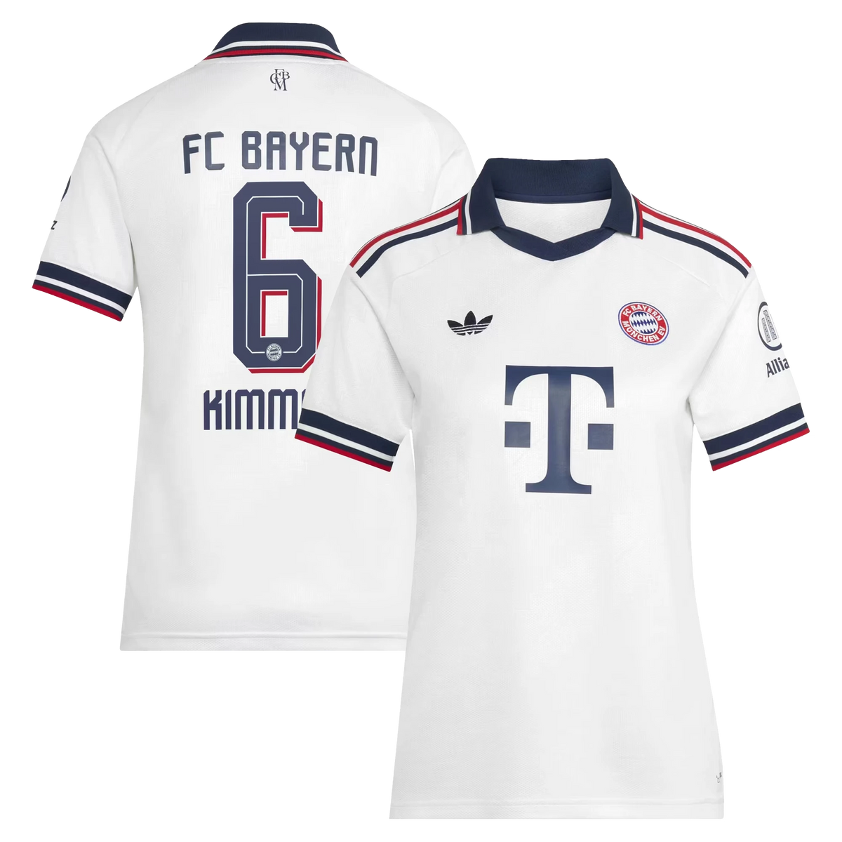 Front and back view of women's Bayern Munich 2026-2027 away white replica jersey featuring Joshua Kimmich by Final Third Kit