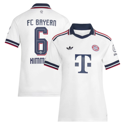 Front and back view of women's Bayern Munich 2026-2027 away white replica jersey featuring Joshua Kimmich by Final Third Kit