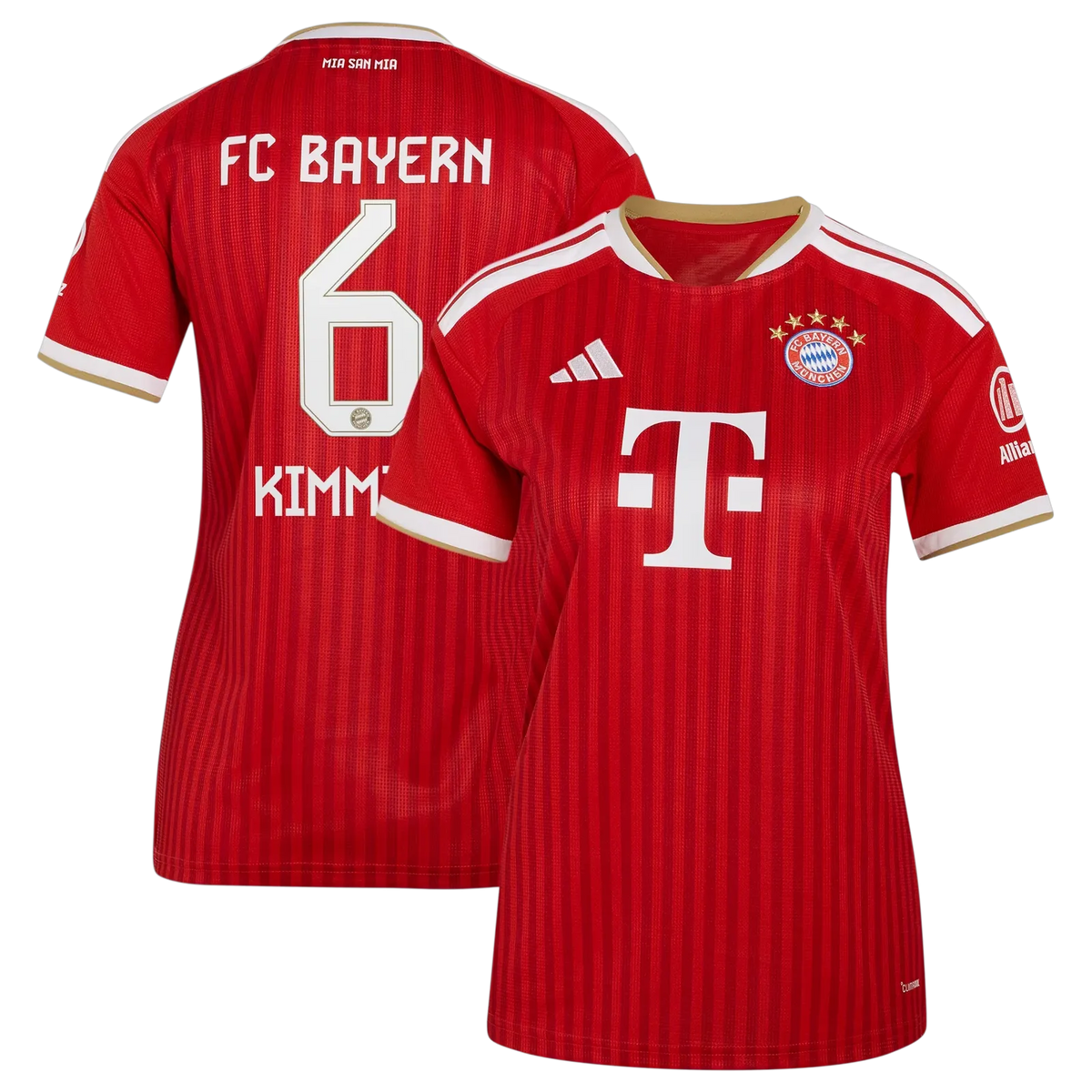 Front and back view of women's Bayern Munich 2026-2027 home red replica jersey featuring Joshua Kimmich by Final Third Kit