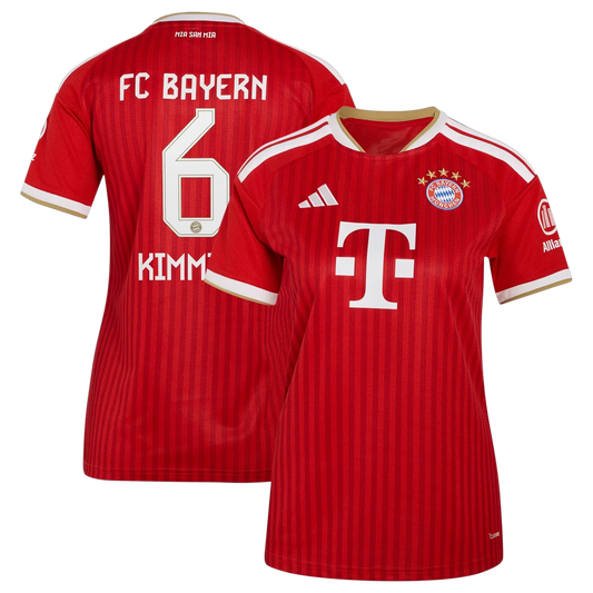 Front and back view of women's Bayern Munich 2026-2027 home red replica jersey featuring Joshua Kimmich by Final Third Kit