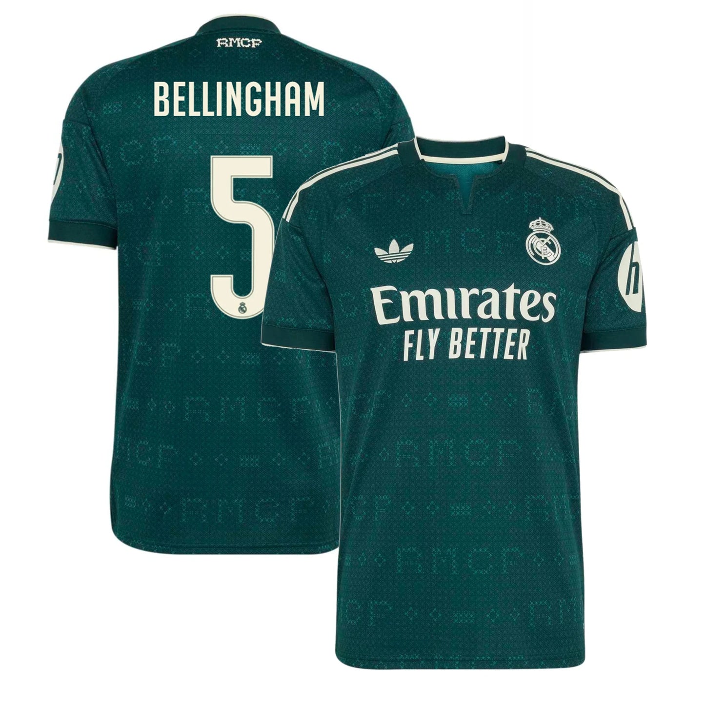 Front and back view of men's Real Madrid 2026-2027 away green replica jersey featuring Jude Bellingham by Final Third Kit