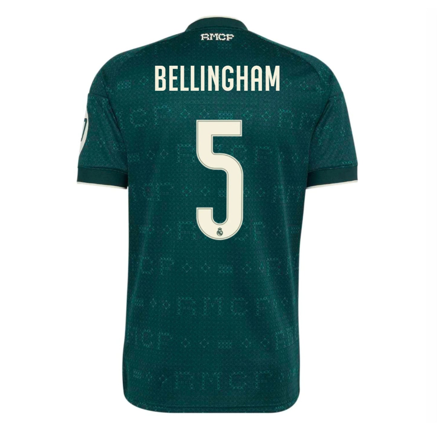 Back view of men's Real Madrid 2026-2027 away green football shirt with Jude Bellingham name and number 5 printing by Final Third Kit