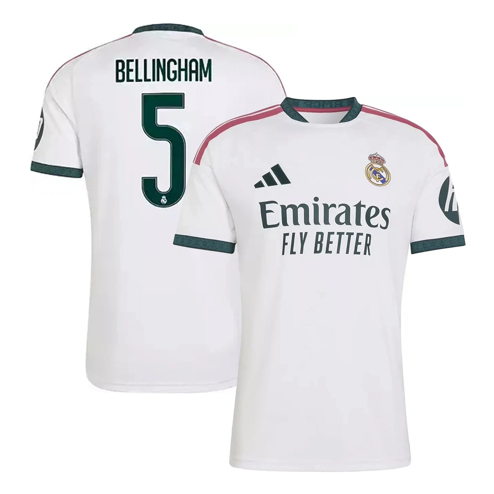 Front and back view of men's Real Madrid 2026-2027 home white replica jersey featuring Jude Bellingham by Final Third Kit