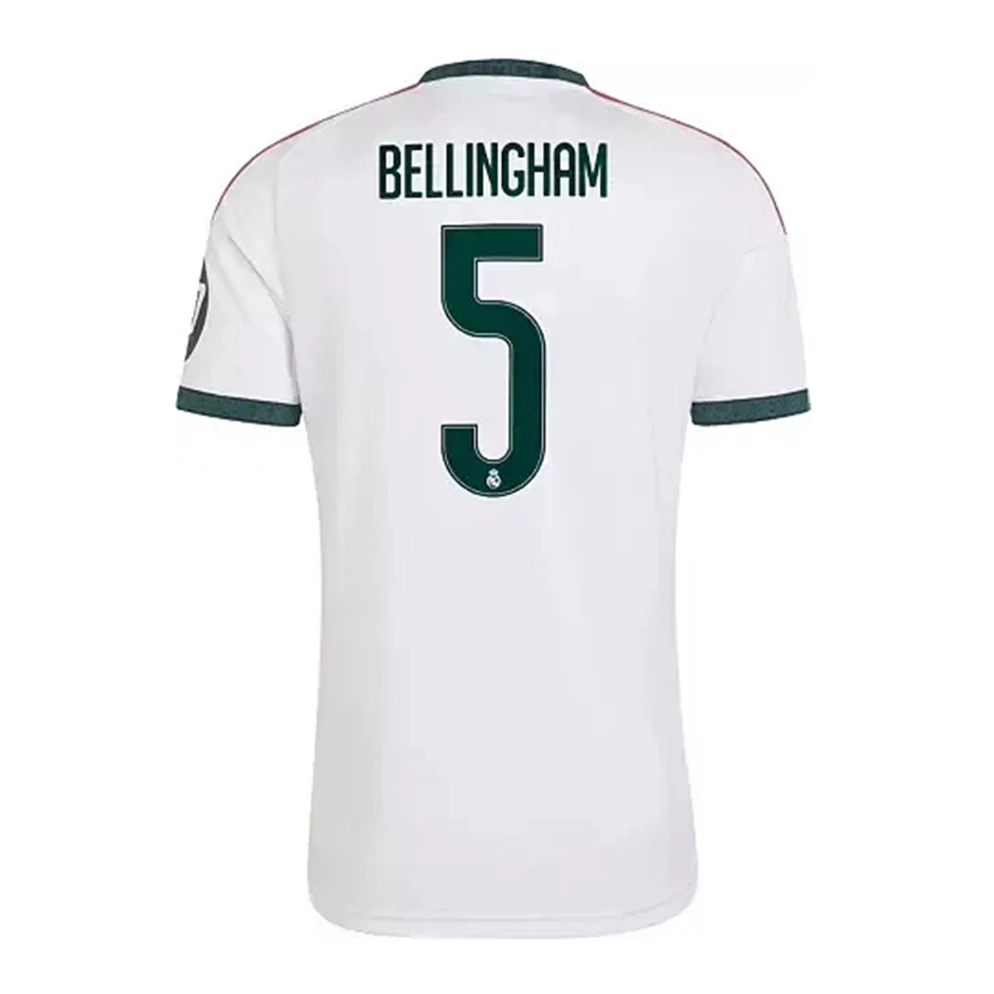 Back view of men's Real Madrid 2026-2027 home white football shirt with Jude Bellingham name and number 5 printing by Final Third Kit