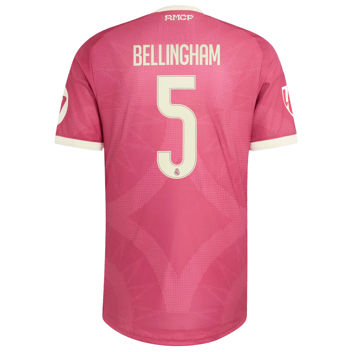 Back view of men's Real Madrid 2026-2027 third pink on-field authentic football shirt with Jude Bellingham name and number 5 printing by Final Third Kit