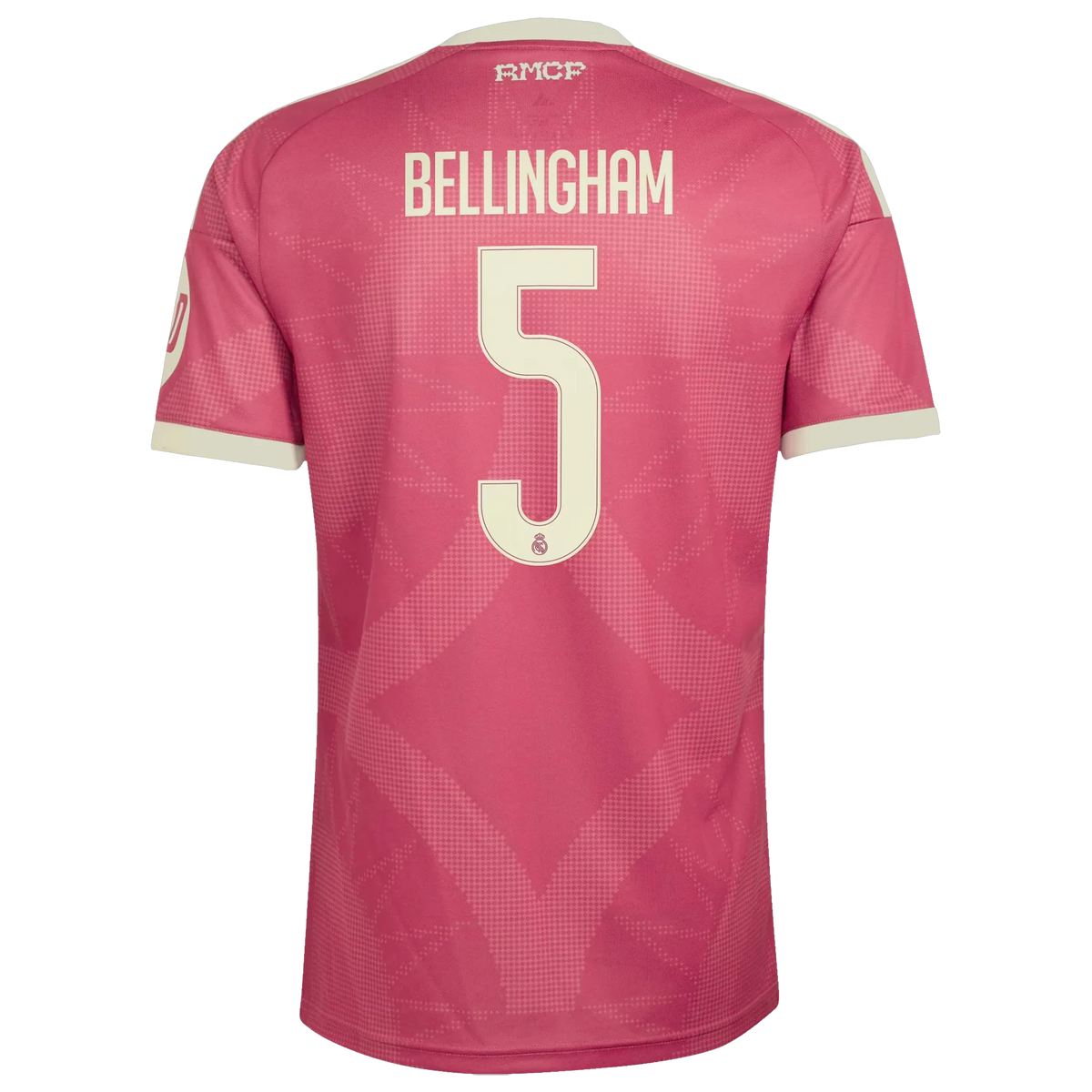 Back view of men's Real Madrid 2026-2027 third pink replica football shirt with Jude Bellingham name and number 5 printing by Final Third Kit