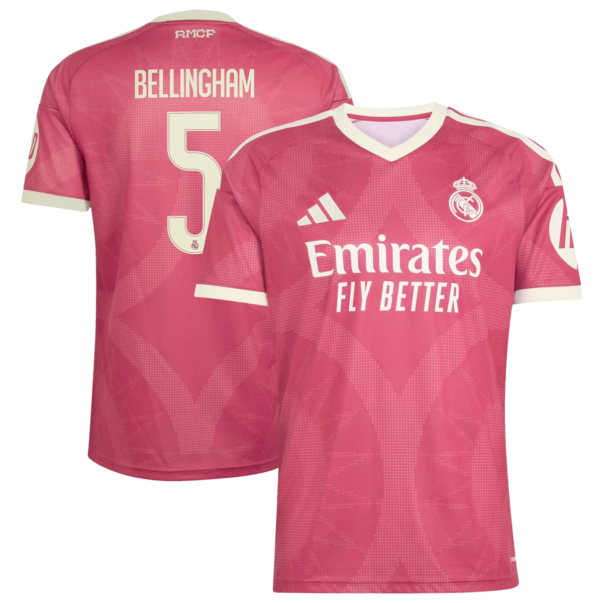 Front and back view of men's Real Madrid 2026-2027 third pink replica jersey featuring Jude Bellingham by Final Third Kit