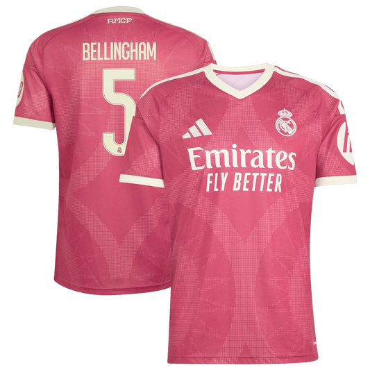 Front and back view of men's Real Madrid 2026-2027 third pink replica jersey featuring Jude Bellingham by Final Third Kit