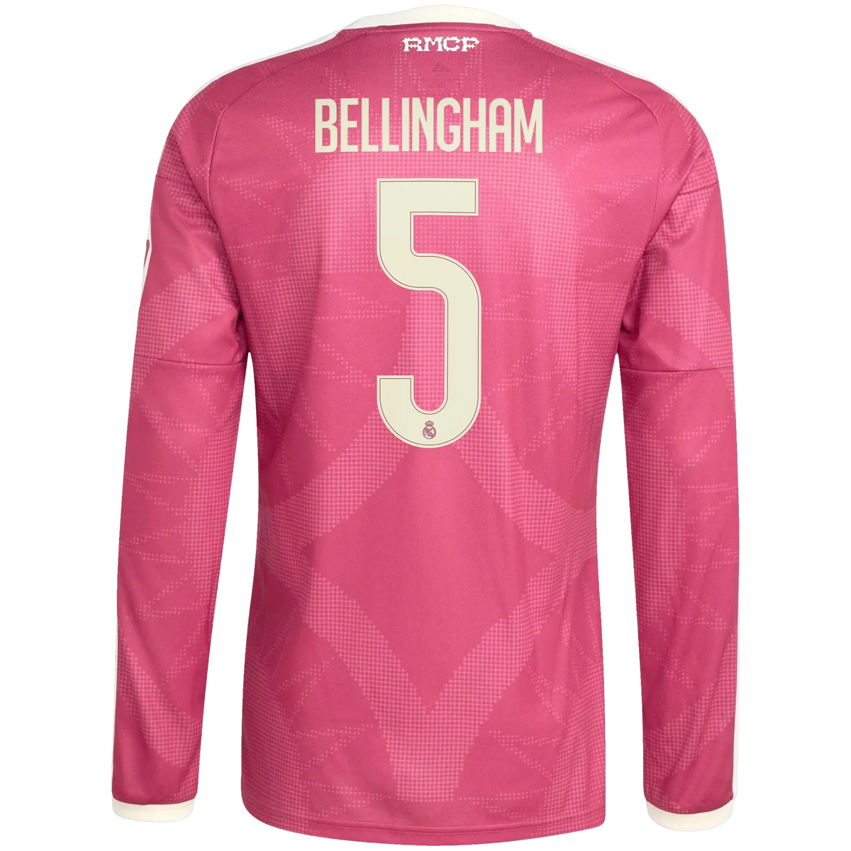 Back view of men's Real Madrid 2026-2027 third pink replica long sleeve football shirt with Jude Bellingham name and number 5 printing by Final Third Kit