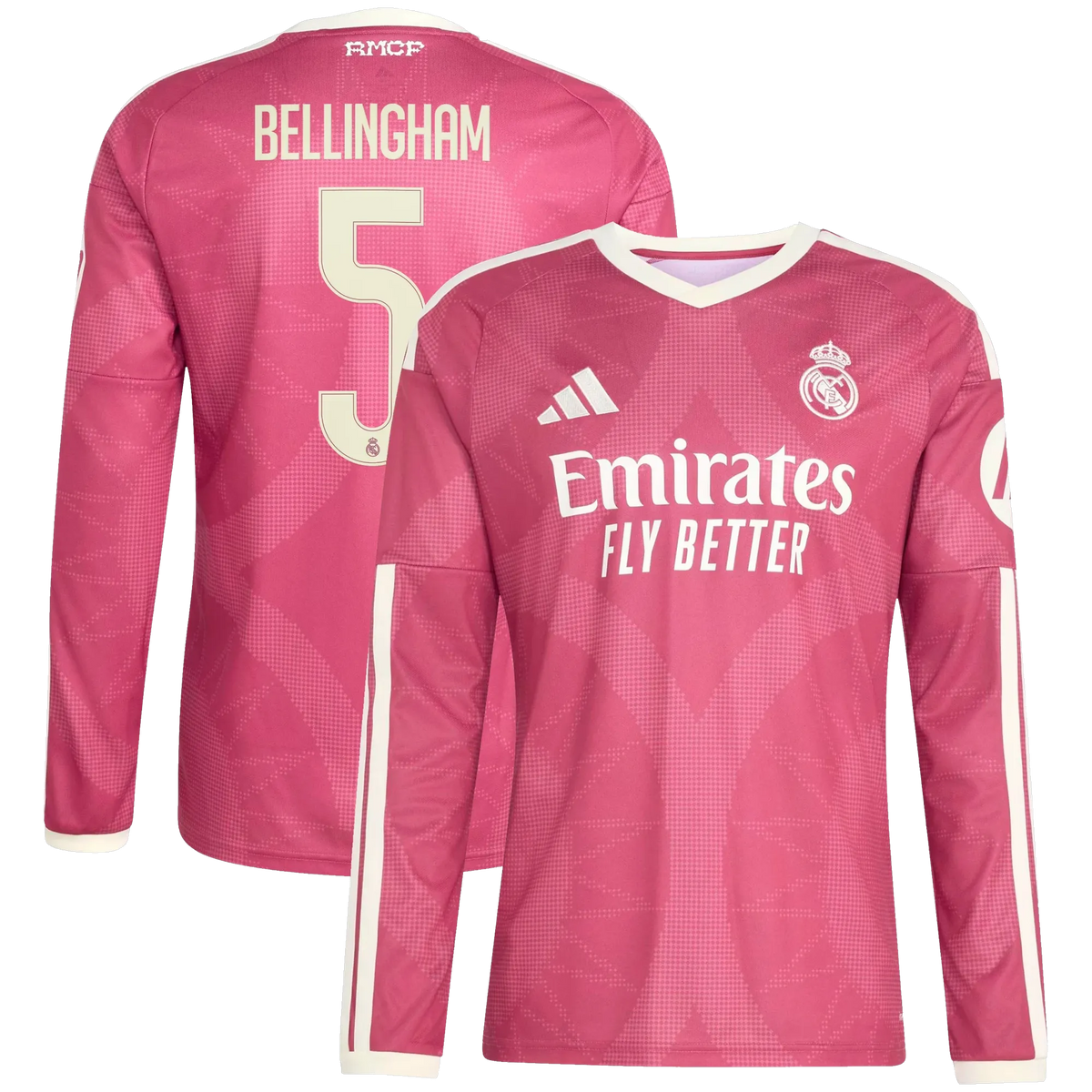 Front and back view of men's Real Madrid 2026-2027 third pink replica long sleeve jersey featuring Jude Bellingham by Final Third Kit