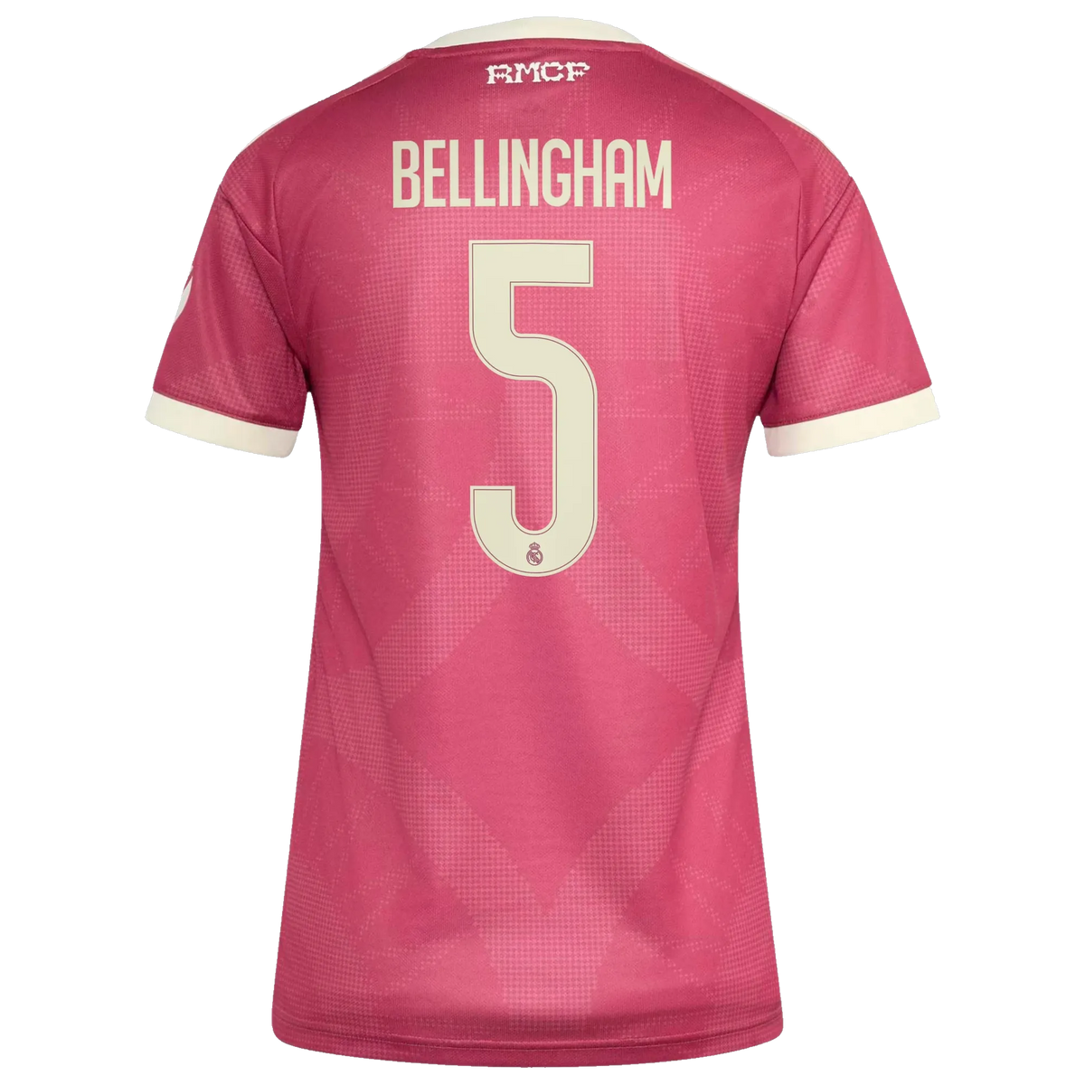 Back view of women's Real Madrid 2026-2027 third pink replica football shirt with Jude Bellingham name and number 5 printing by Final Third Kit