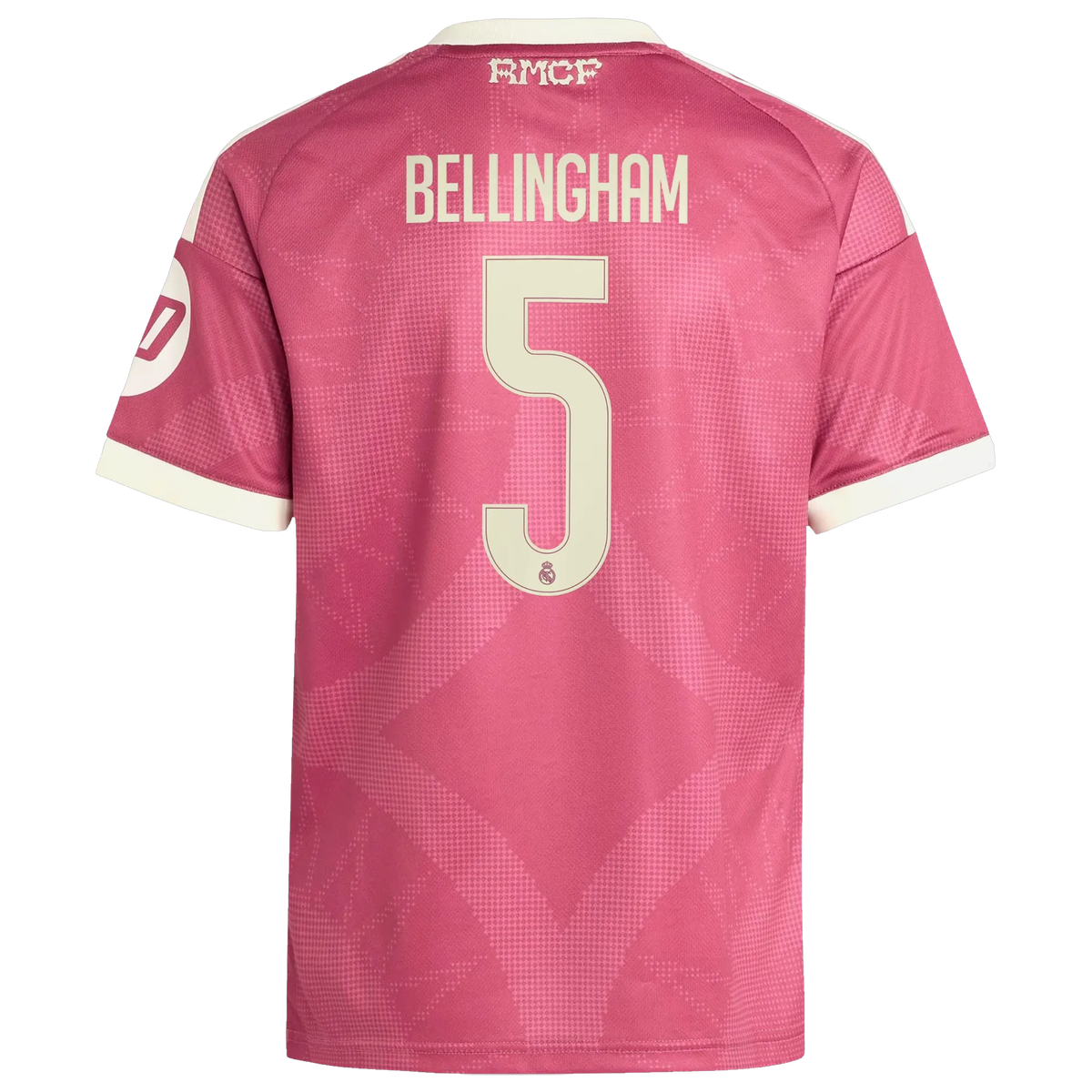 Back view of youth Real Madrid 2026-2027 third pink replica football shirt with Jude Bellingham name and number 5 printing by Final Third Kit