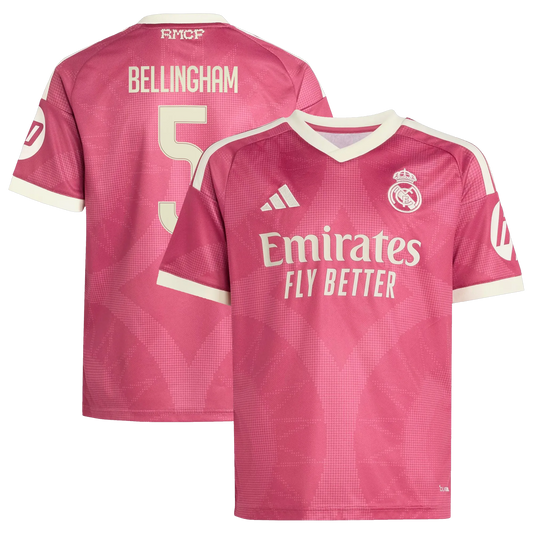 Front and back view of youth Real Madrid 2026-2027 third pink replica jersey featuring Jude Bellingham by Final Third Kit
