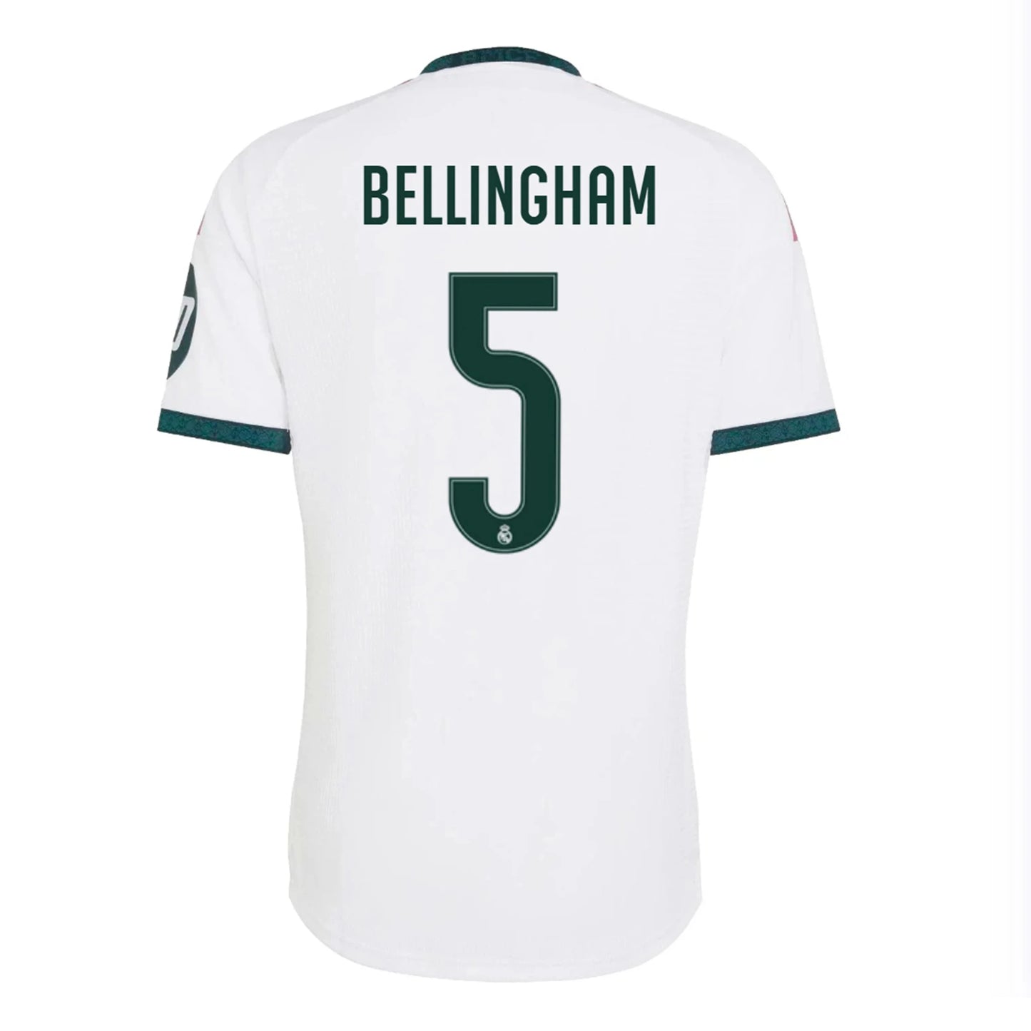 Back view of men's Real Madrid 2026-2027 home white on-field authentic football shirt with Judy Bellingham name and number 5 printing by Final Third Kit