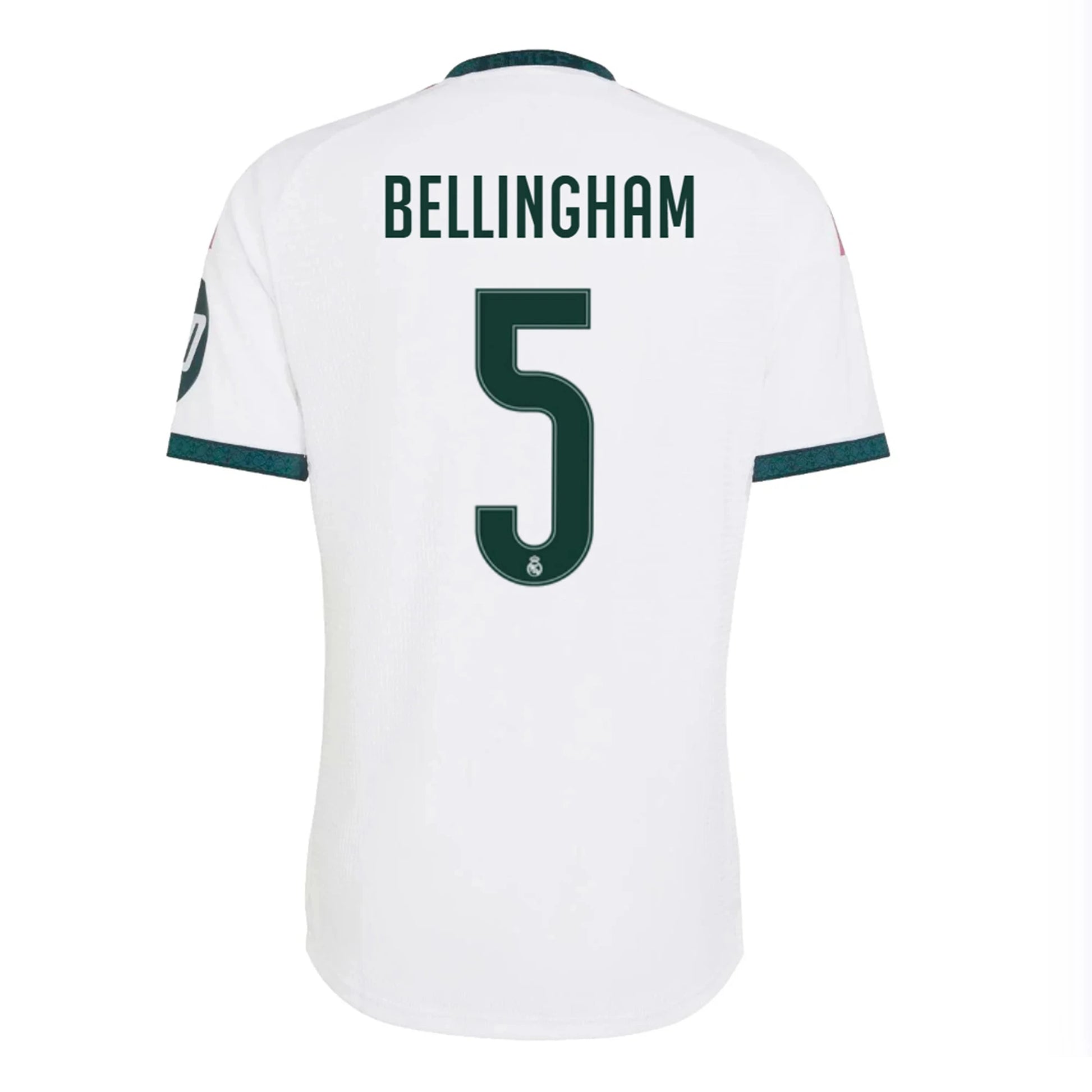 Back view of men's Real Madrid 2026-2027 home white on-field authentic football shirt with Judy Bellingham name and number 5 printing by Final Third Kit