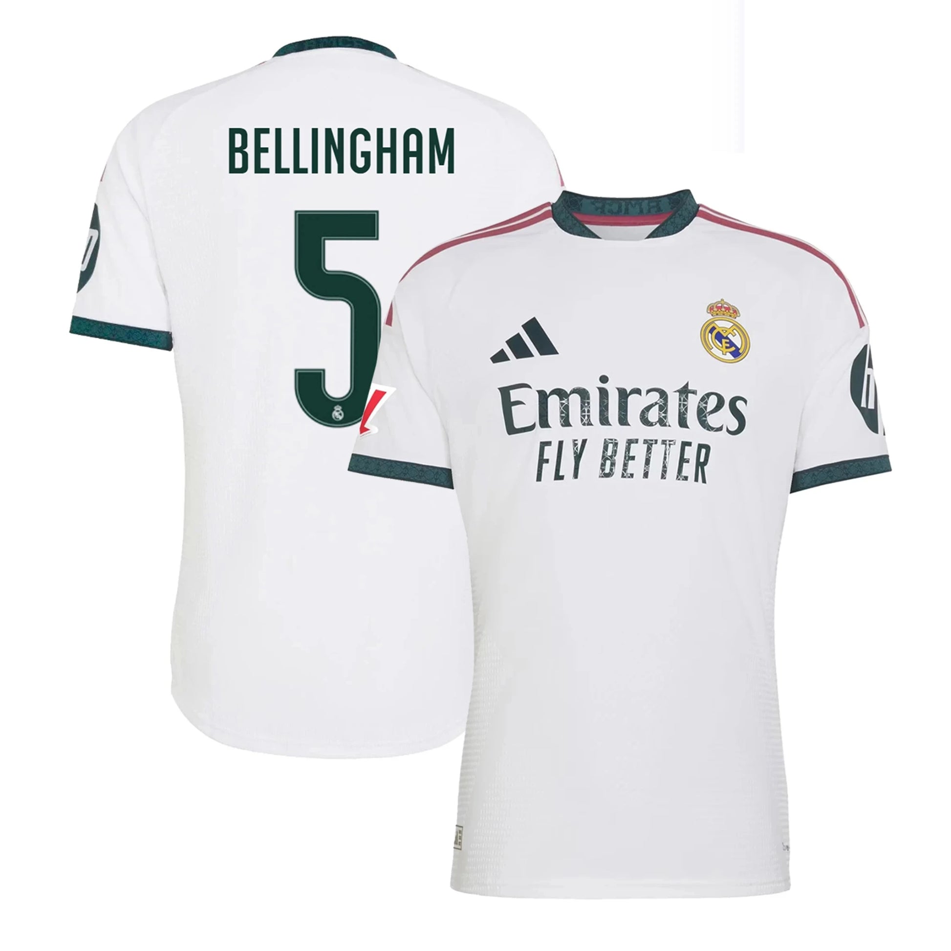 Front and back view of men's Real Madrid 2026-2027 home white on-field authentic jersey featuring Judy Bellingham by Final Third Kit