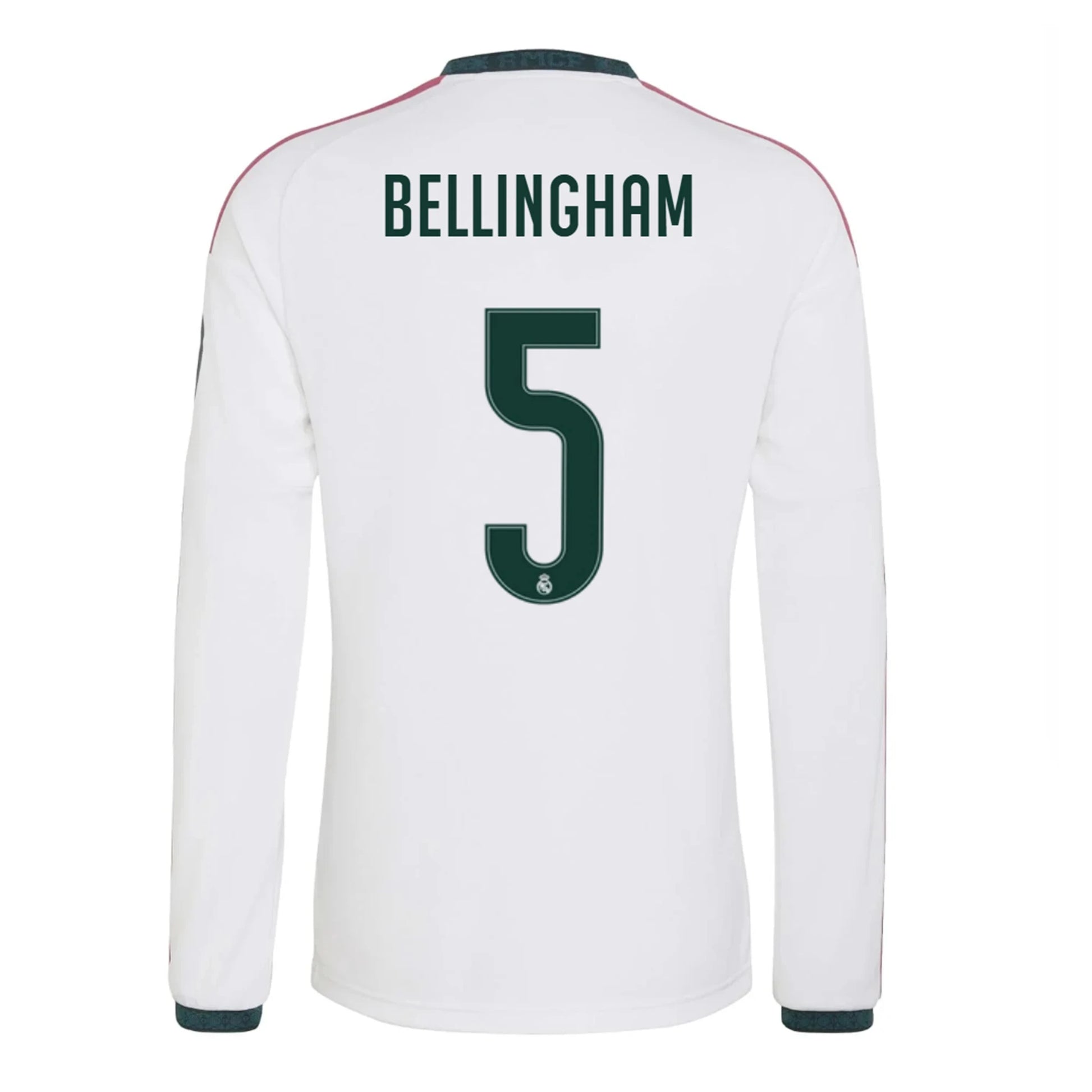 Back view of men's Real Madrid 2026-2027 home white long sleeve football shirt with Judy Bellingham name and number 5 printing by Final Third Kit