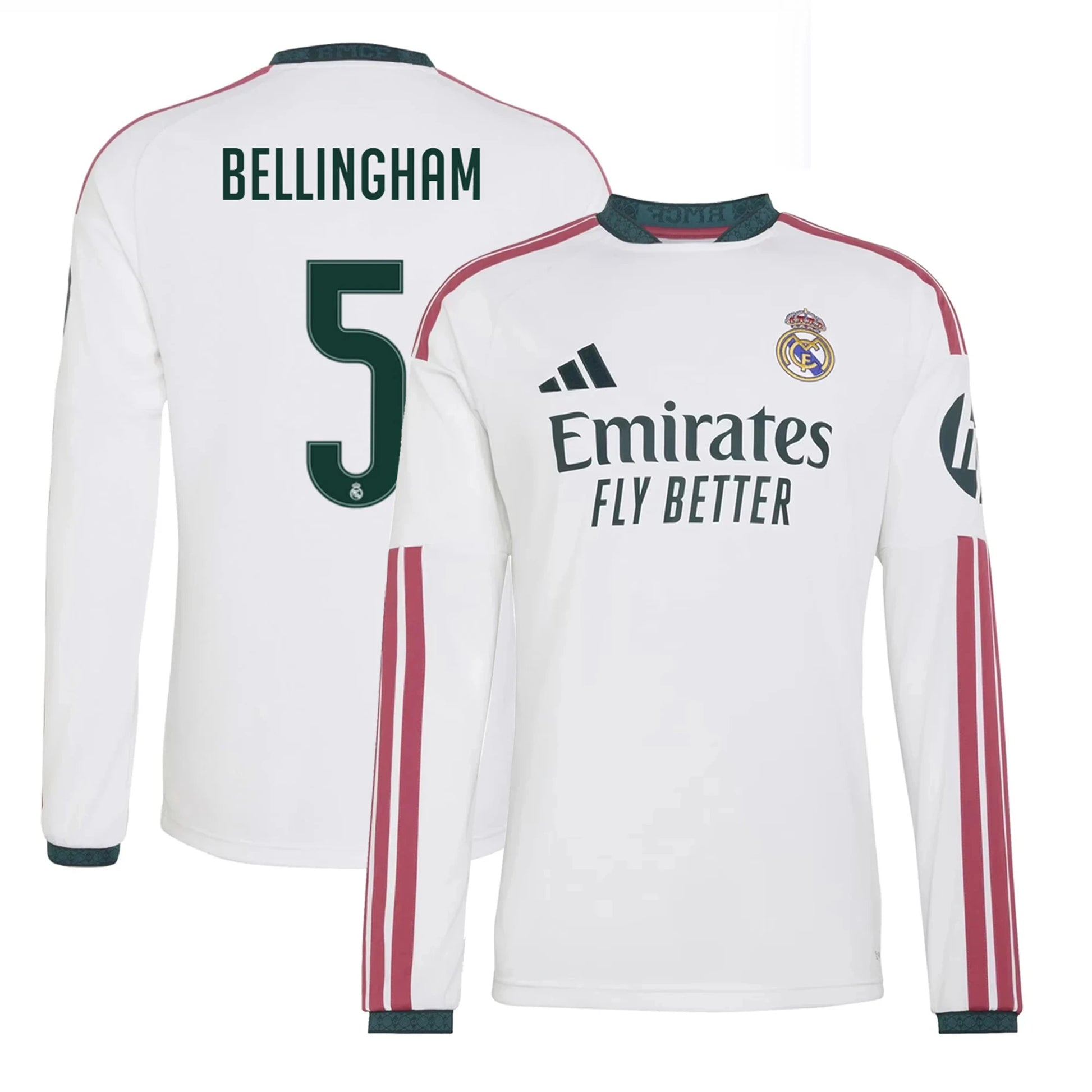 Front and back view of men's Real Madrid 2026-2027 home white replica long sleeve jersey featuring Judy Bellingham by Final Third Kit