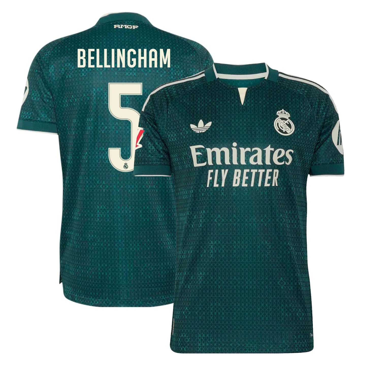Front and back view of men's Real Madrid 2026-2027 away green on-field authentic jersey featuring Judy Bellingham by Final Third Kit