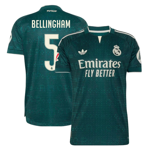 Front and back view of men's Real Madrid 2026-2027 away green on-field authentic jersey featuring Judy Bellingham by Final Third Kit