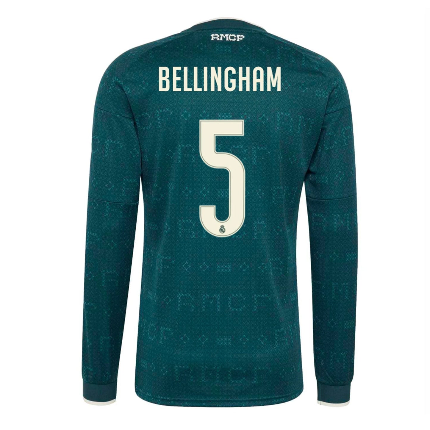 Back view of men's Real Madrid 2026-2027 away green long sleeve football shirt with Judy Bellingham name and number 5 printing by Final Third Kit