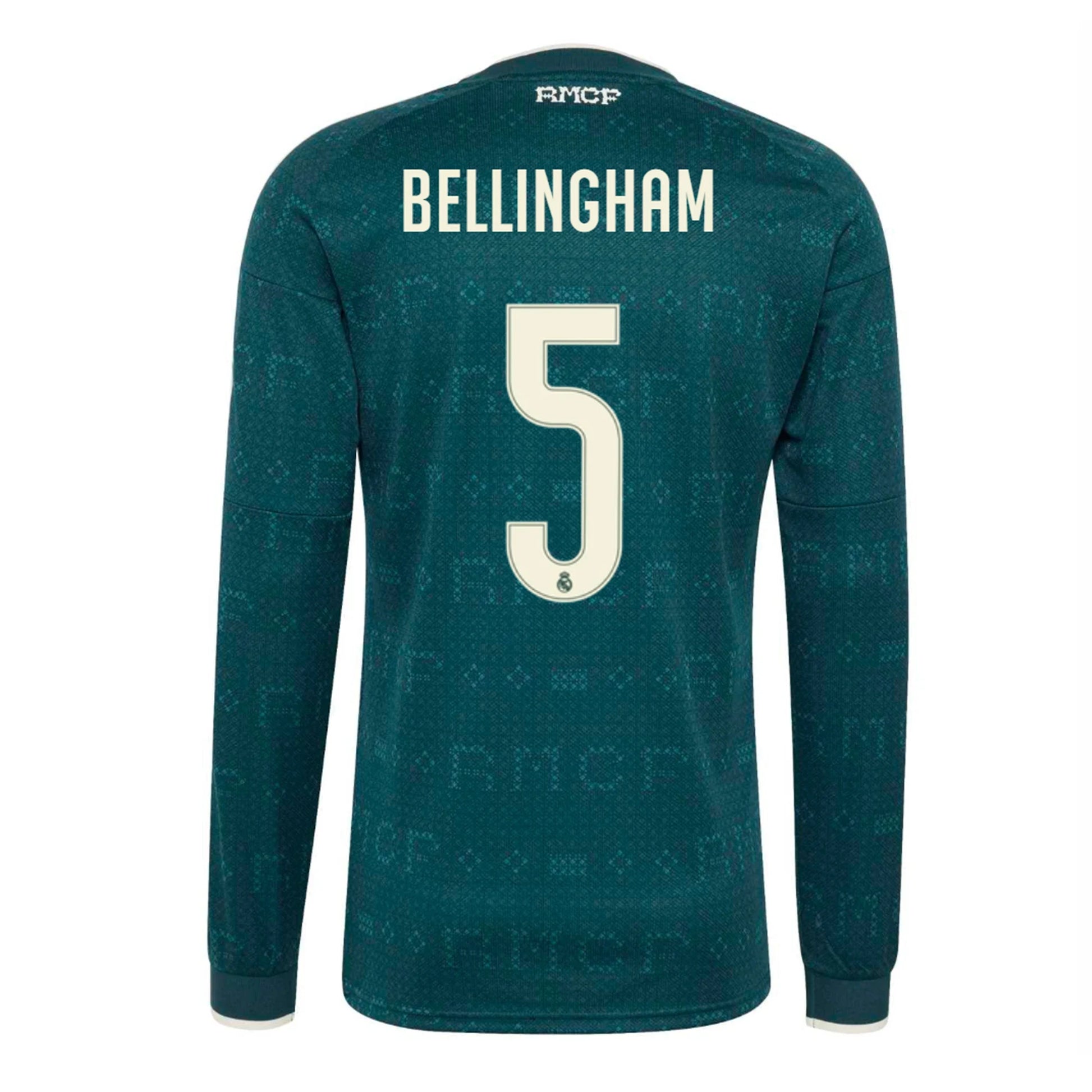 Back view of men's Real Madrid 2026-2027 away green long sleeve football shirt with Judy Bellingham name and number 5 printing by Final Third Kit