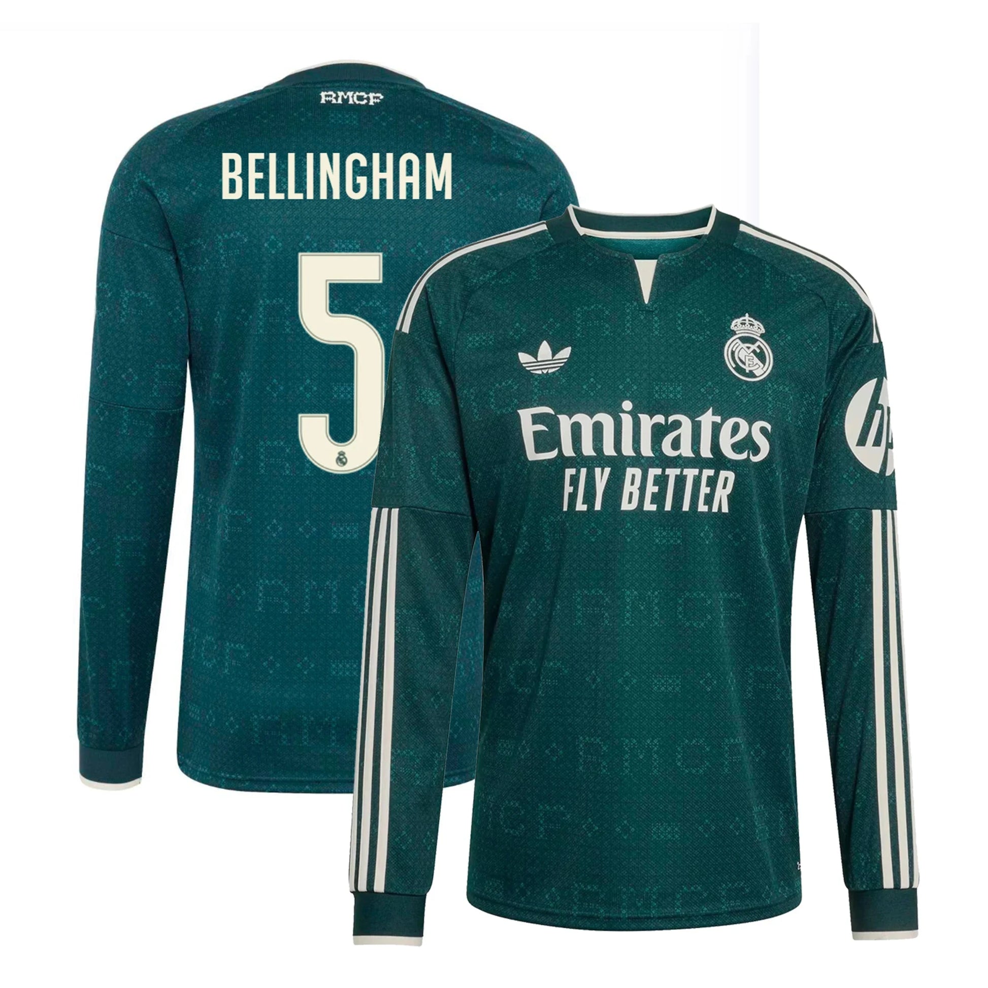 Front and back view of men's Real Madrid 2026-2027 away green replica long sleeve jersey featuring Judy Bellingham by Final Third Kit