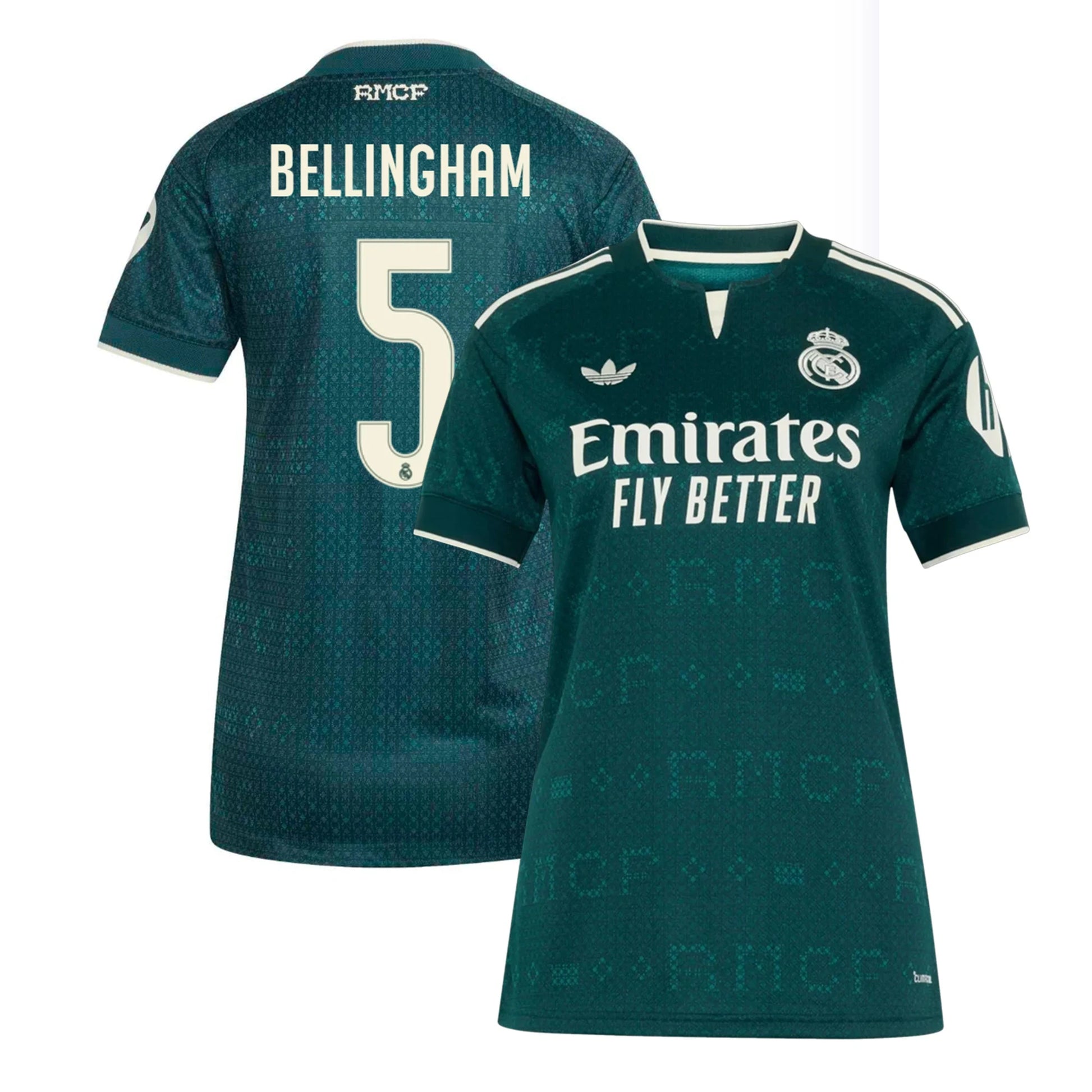 Front and back view of women's Real Madrid 2026-2027 away green replica jersey featuring Judy Bellingham by Final Third Kit