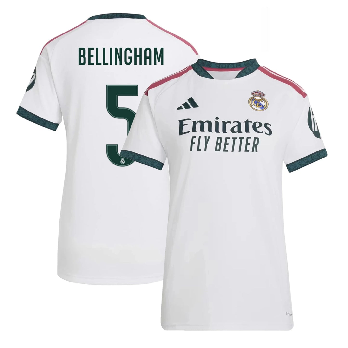 Front and back view of women's Real Madrid 2026-2027 home white replica jersey featuring Judy Bellingham by Final Third Kit
