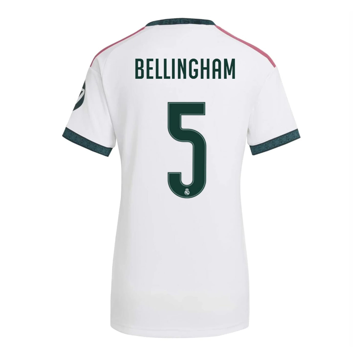 Back view of women's Real Madrid 2026-2027 home white football shirt with Judy Bellingham name and number 5 printing by Final Third Kit