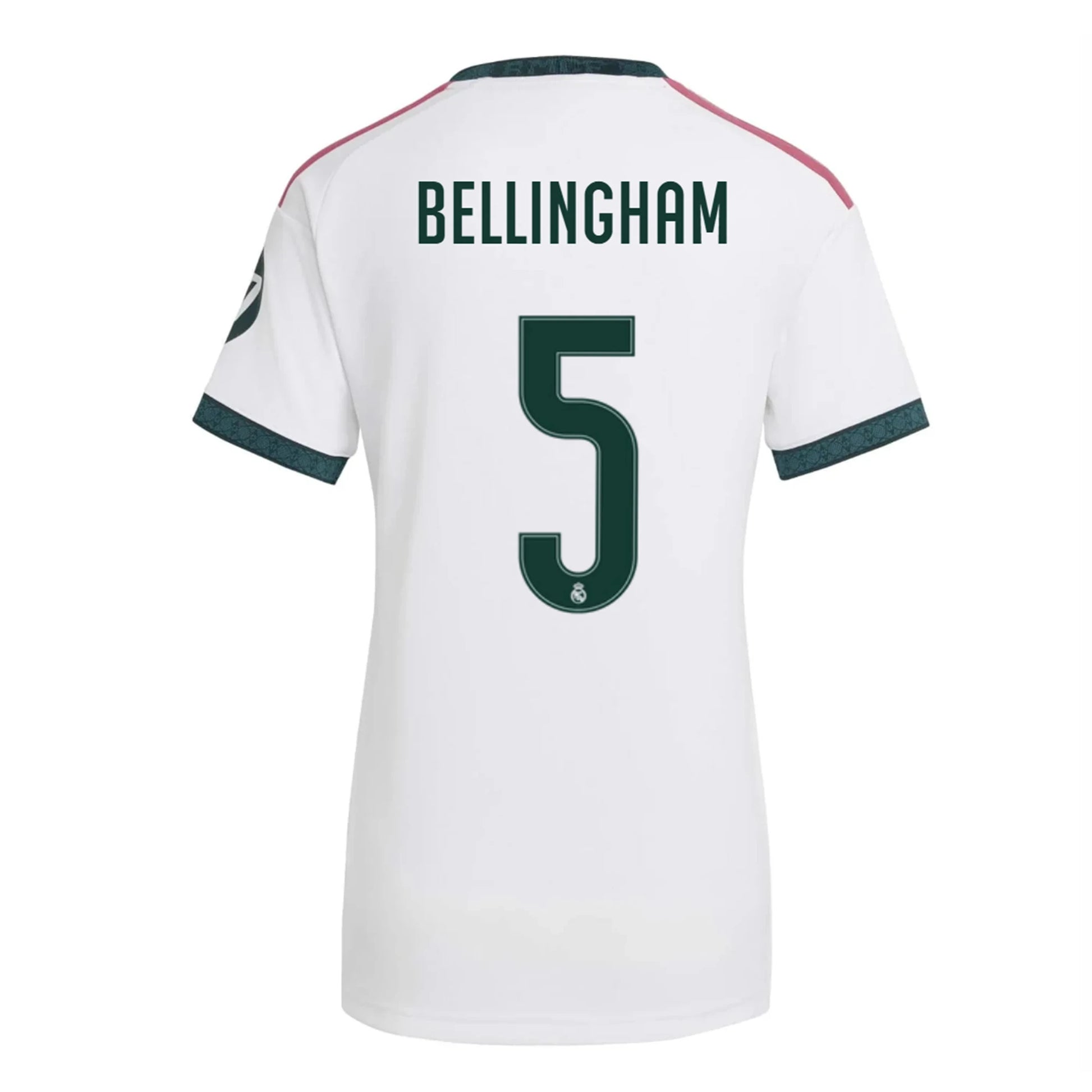 Back view of women's Real Madrid 2026-2027 home white football shirt with Judy Bellingham name and number 5 printing by Final Third Kit